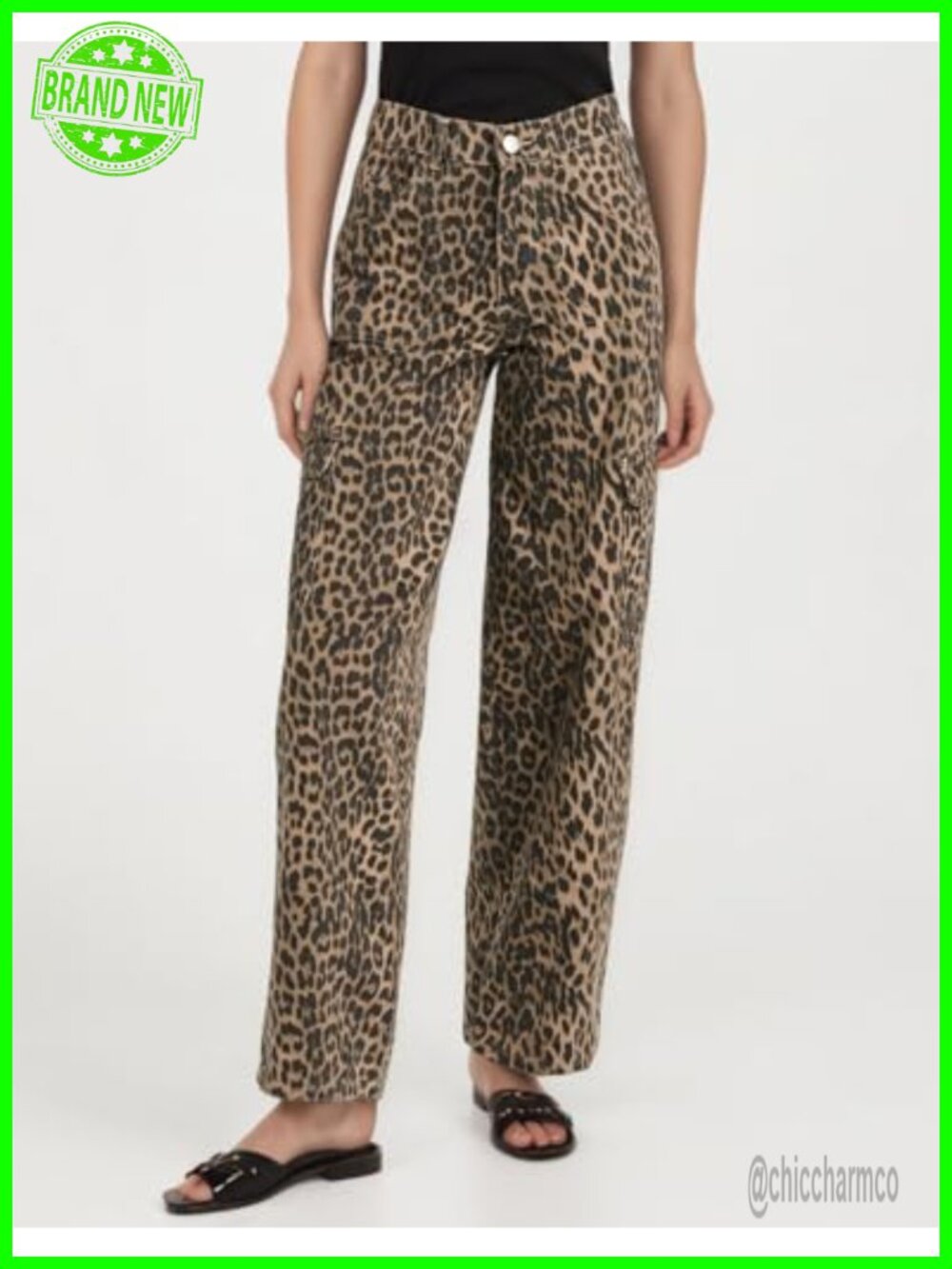 Women's Leopard Print Baggy Cargo Jeans Y2K Straight Leg Pants with Pockets - Picture 3 of 7